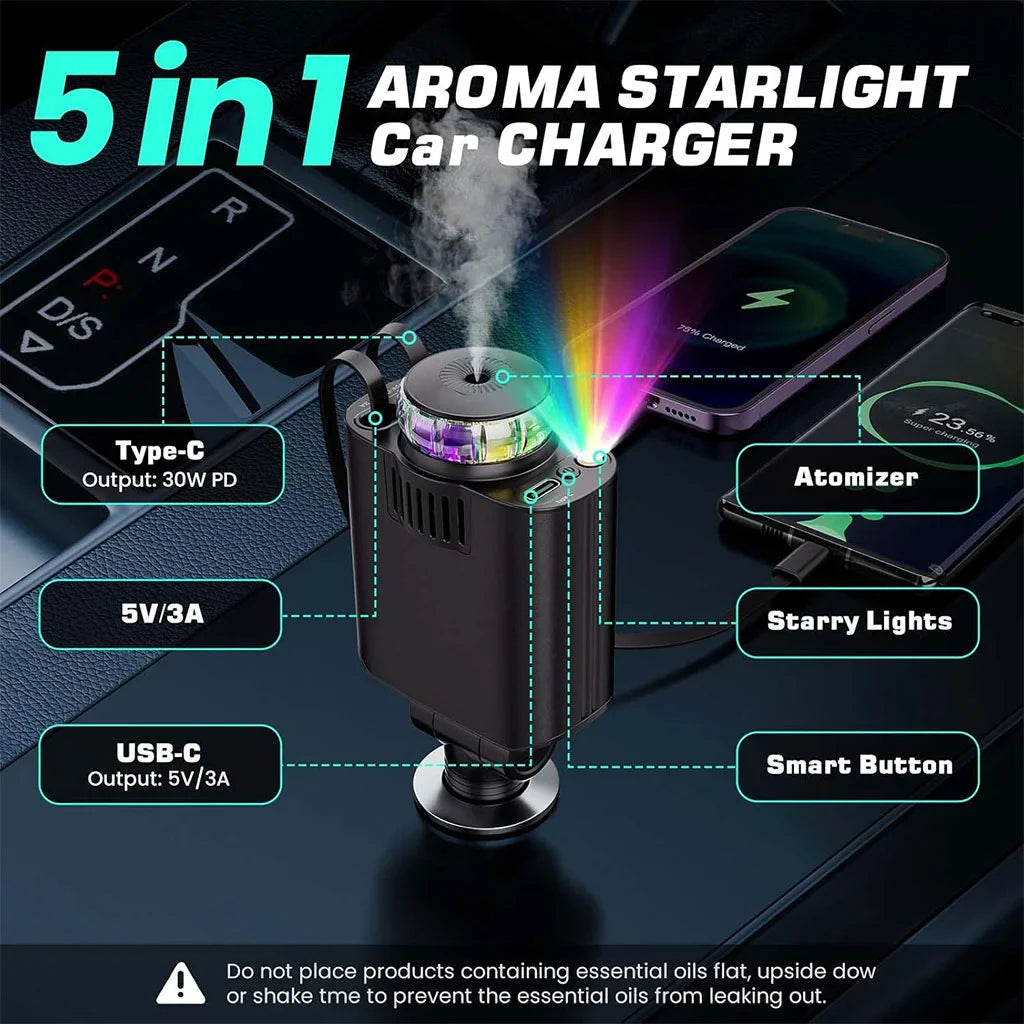 Chargeur de Voiture 5-en-1 Starlight Rétractable Diffuseur d’Arôme Intégré