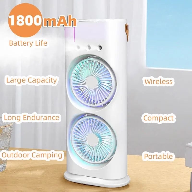 مروحة تكييف هواء صغيرة برأسين، 3 سرعات، قابلة لإعادة الشحن Ventilateur mini Climatiseur à Double tête