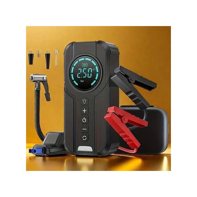 Jump Starter with Air Pump Compresseur d’Air Portable Multifonction Gonfleur Électrique  ضاغط هواء محمول متعدد الوظائف منفاخ كهربائي مزود ببطارية