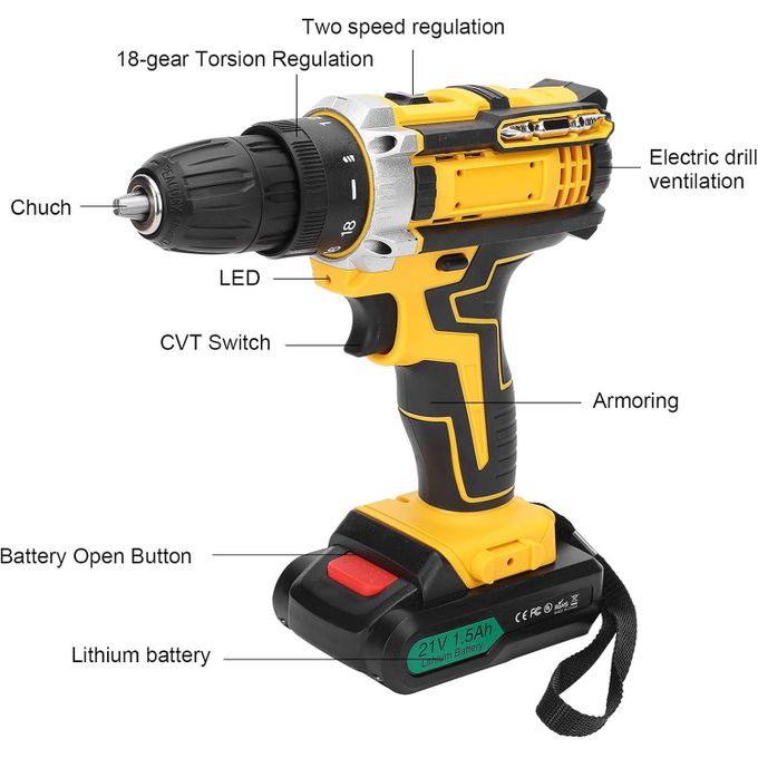 مثقاب ومفك براغي لاسلكي احترافي مع بطاريتين وملحقات Perceuse et Visseuse Professionnelle Sans Fil Avec 2 Batteries Et Accessoires