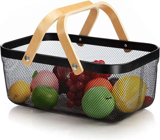 Panier de rangement multifonctionnel en maille métallique سلة تخزين شبكية معدنية متعددة الوظائف بمقابض خشبية