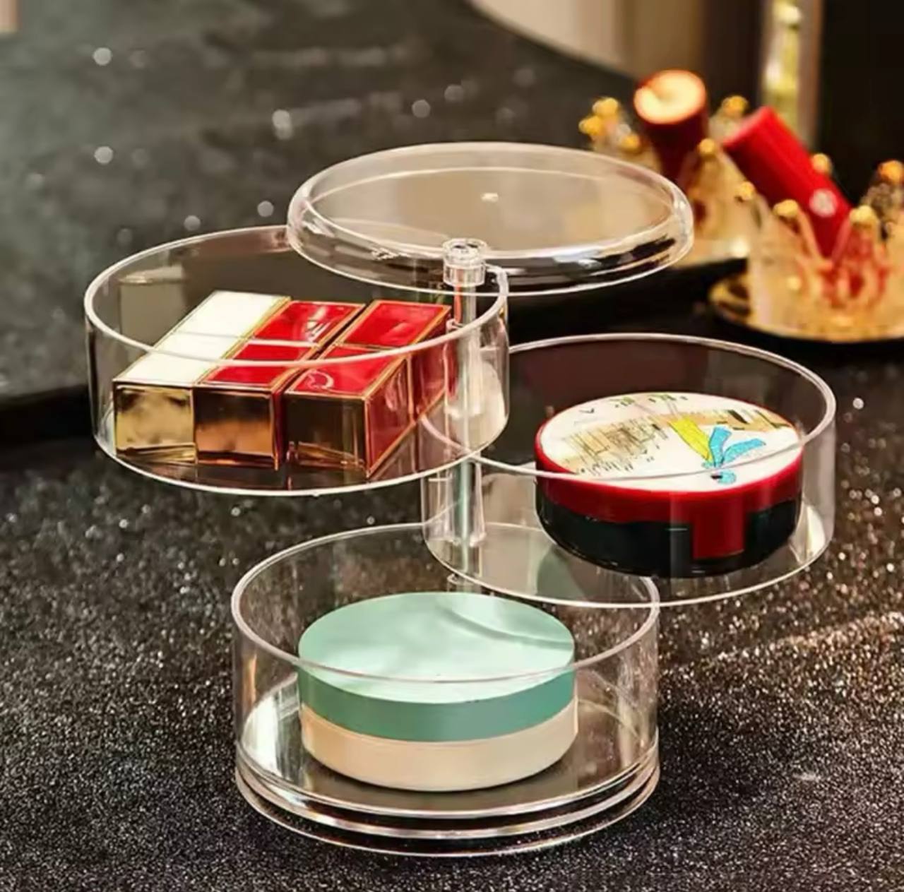 صندوق تخزين مجوهرات دوار ، حامل عرض للأساور والأقراط والساعات