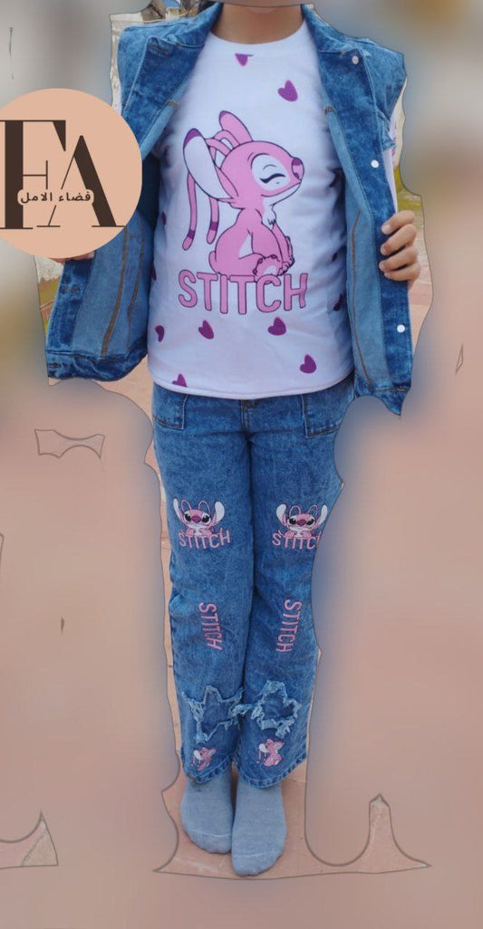 أنصومبل نجيمات دجين بنات 3ps جلي و قبية و سروال دجين  بطبعة ستيتش   توب قبي