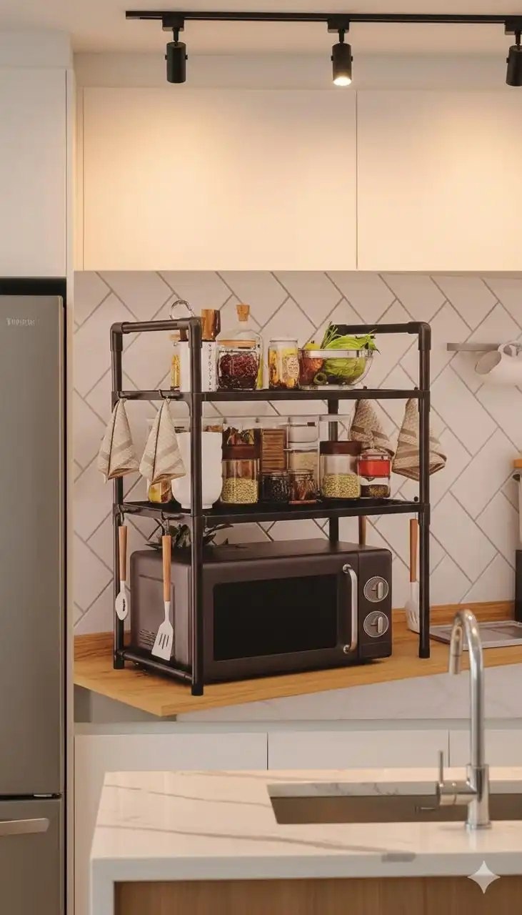 رف تخزين متعدد الوظائف للميكروويف منظم مطبخ موفر للمساحة Étagère de Rangement Multifonction pour Micro-ondes