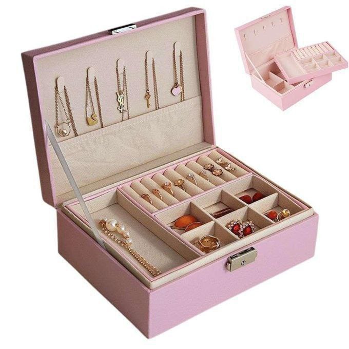 Boîte à Bijoux Élégante à Double Étage Coffret de Rangement  حقيبة تخزين منظمة مع قفل للخواتم والقلائد والأساور صندوق مجوهرات