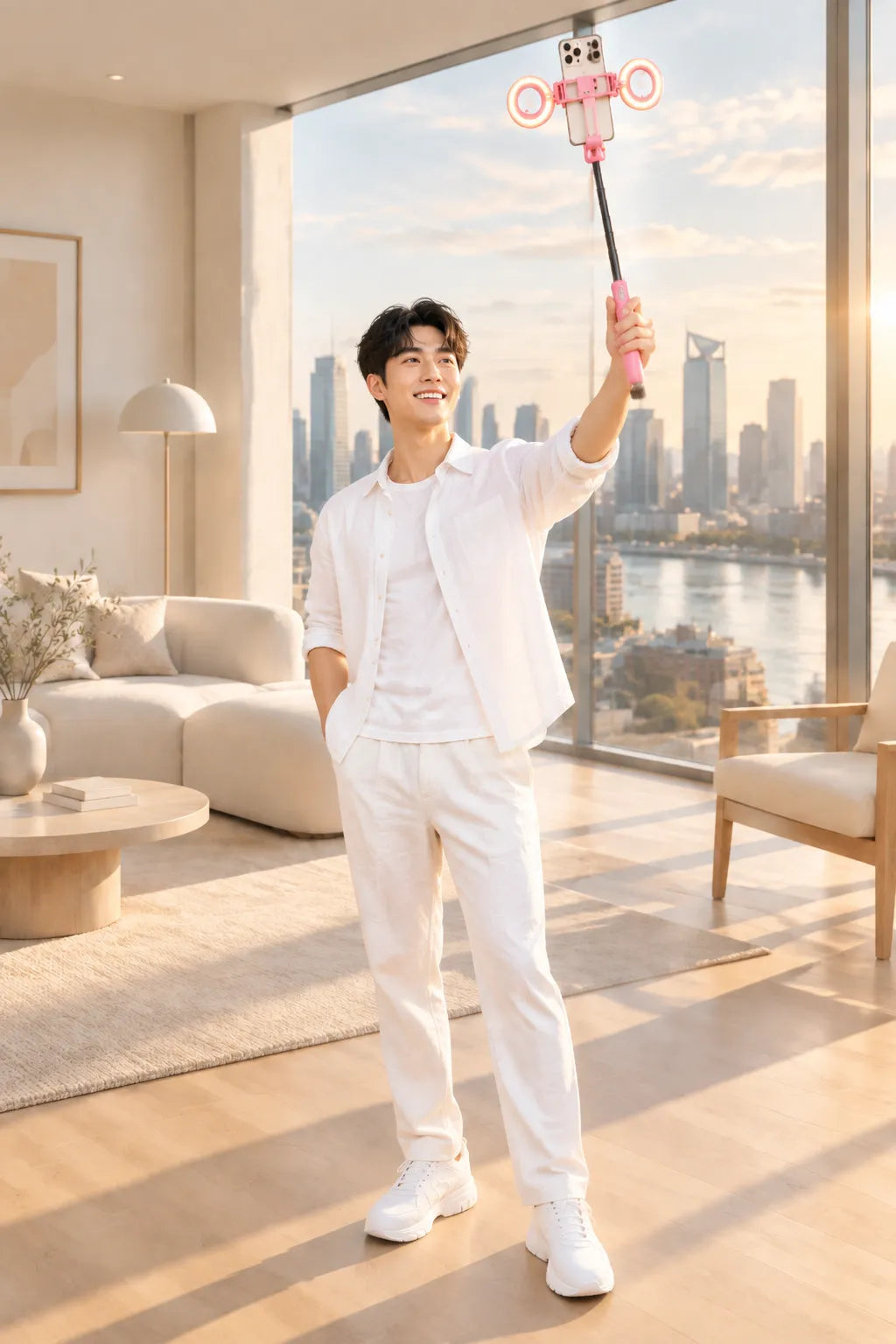 عصا سيلفي وحامل ثلاثي القوائم قابل للتمديد مع إضاءة Perche à Selfie Trépied pour Smartphone LED Perche à selfie trépied extensible avec double éclairage