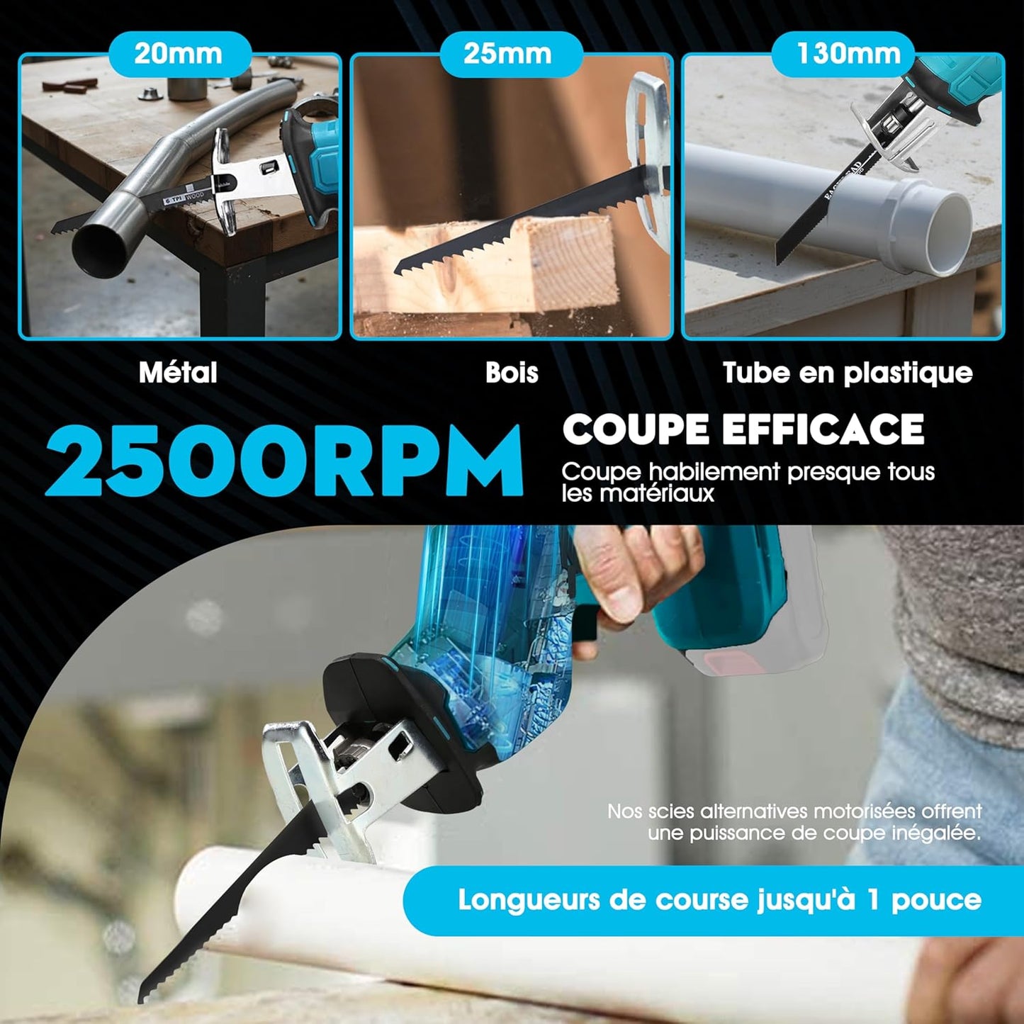 منشار ترددي لاسلكي كهربائي بأربع شفرات Scie Sabre Sans Fil pour Batterie 18V, Scie Électrique Sans Fil