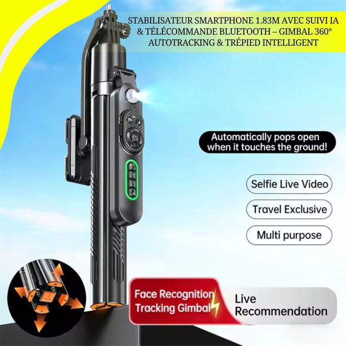 عصا سيلفي طراز Q625 مزودة بتقنية التتبع الذكي بالذكاء الاصطناعي Bâton Selfie Gimbal Q625 AI Suivi Intelligent 360° avec Trépied