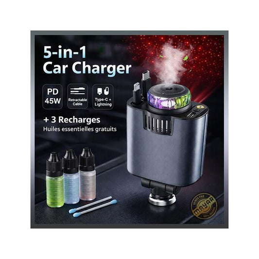 شاحن سيارة 5 في 1 بقوة 45 واط مع كابلات قابلة للسحب Chargeur de Voiture 45W 5-en-1 avec Câbles Rétractables