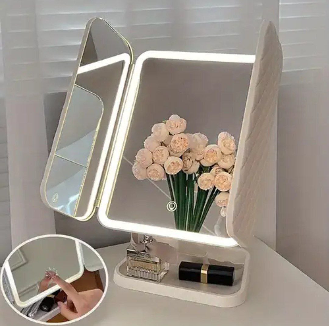 Miroir de maquillage pliable à trois côtés avec éclairage LED