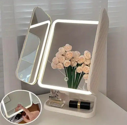 Miroir de maquillage pliable à trois côtés avec éclairage LED