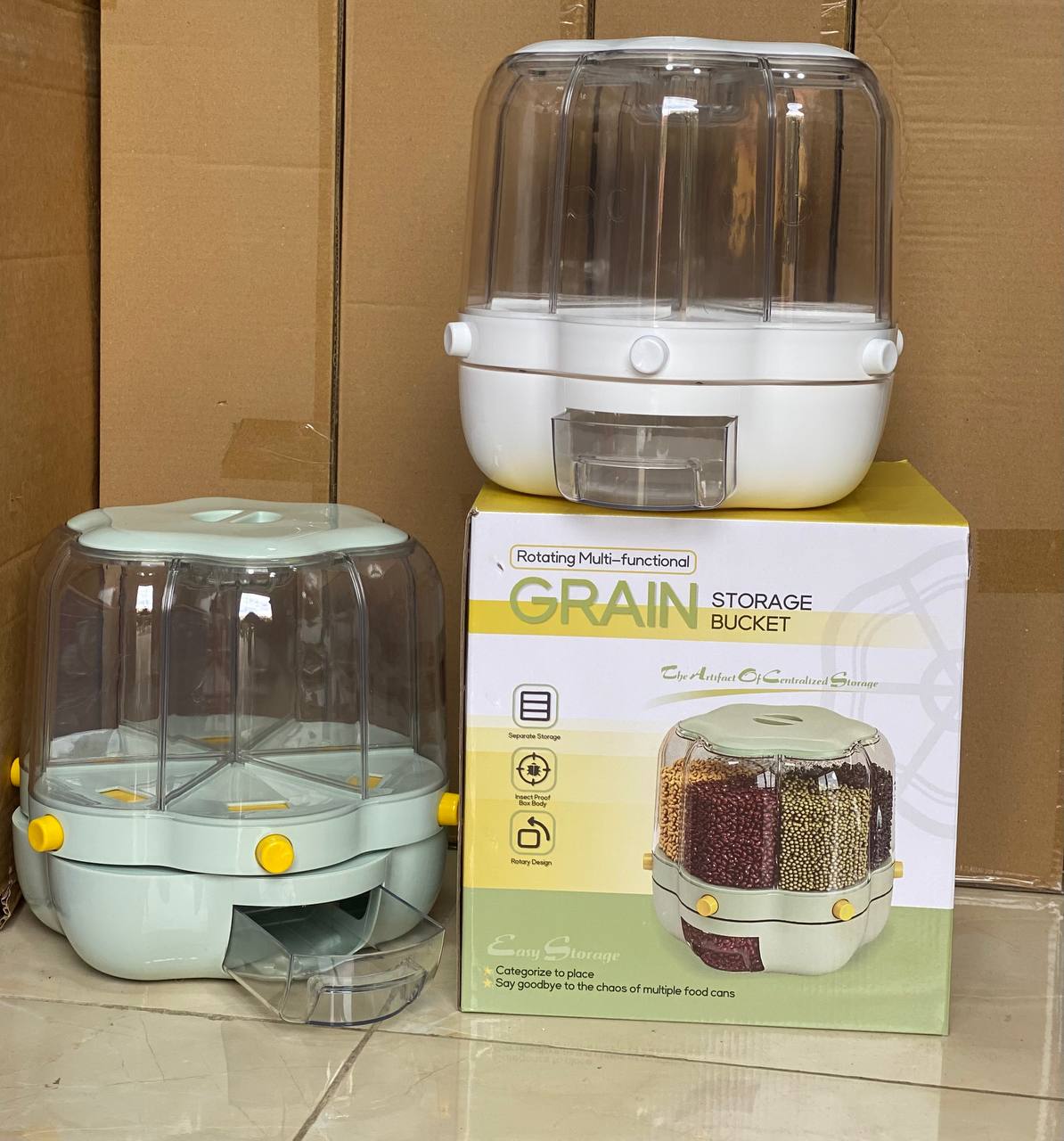 Rotating multi-functional Grain Stockage Bucket صندوق تخزين الحبوب الدوار متعدد الوظائف