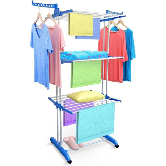 رف تجفيف ملابس قابل للطي، 3 طبقات، قابل للتعديل Séchoir à linge pliant 3 niveaux acier inoxydable réglable 6 plateaux
