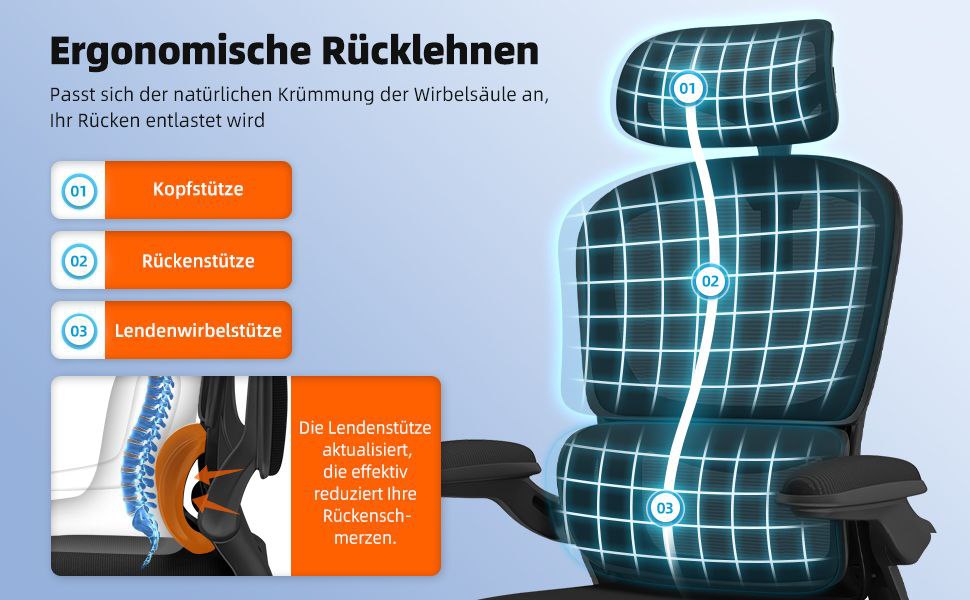 كرسي مكتب مريح مع مسند رأس قابل للتعديل ومساند للذراعين ودعم أسفل الظهر Chaise de bureau ergonomique avec appui-tete réglable accoudoirs et soutien lombaire