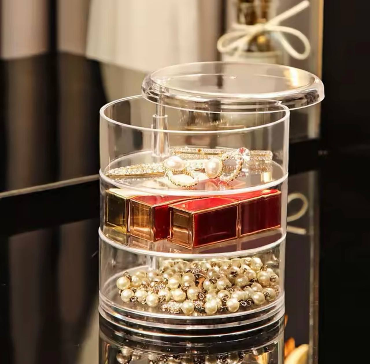 صندوق تخزين مجوهرات دوار ، حامل عرض للأساور والأقراط والساعات
