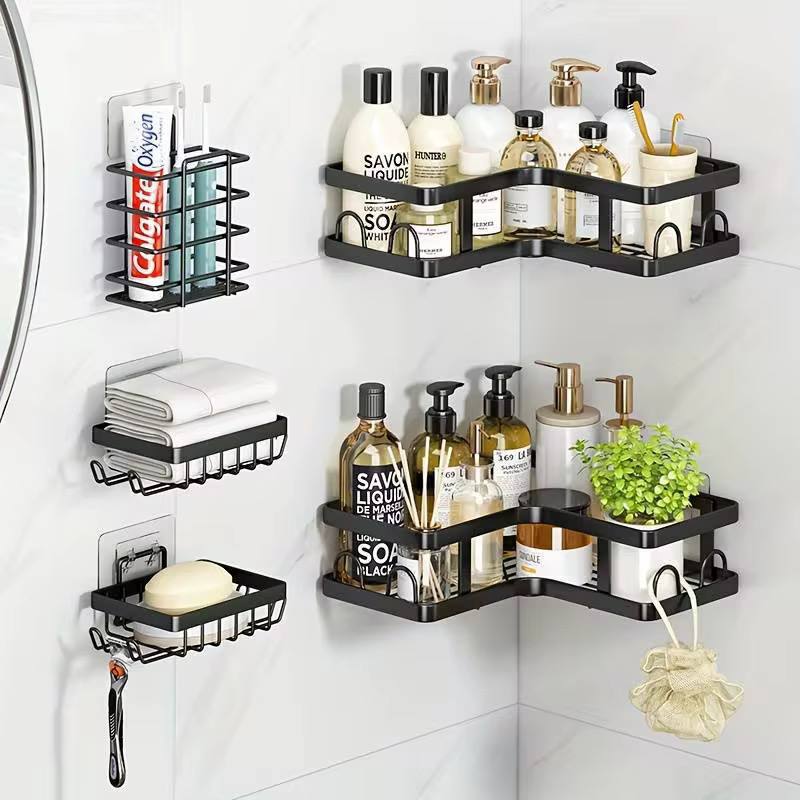 مجموعة تخزين الحمام السوداء من أرفف زاوية Étagère de Douche Rangement Élégant Sans Perçage