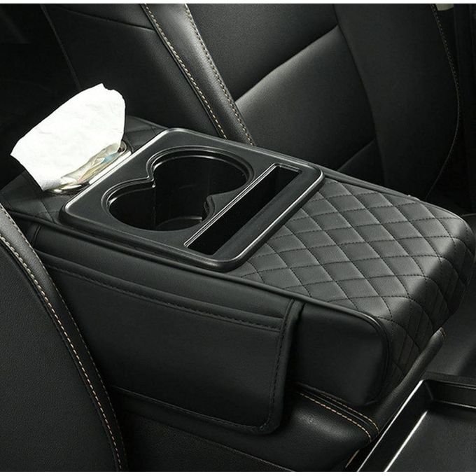 وسادة مسند ذراع السيارة الوسطى من الجلد الصناعي حامل هاتف مدمج وحاملات أكواب Coussin d’accoudoir central pour voiture en simili cuir
