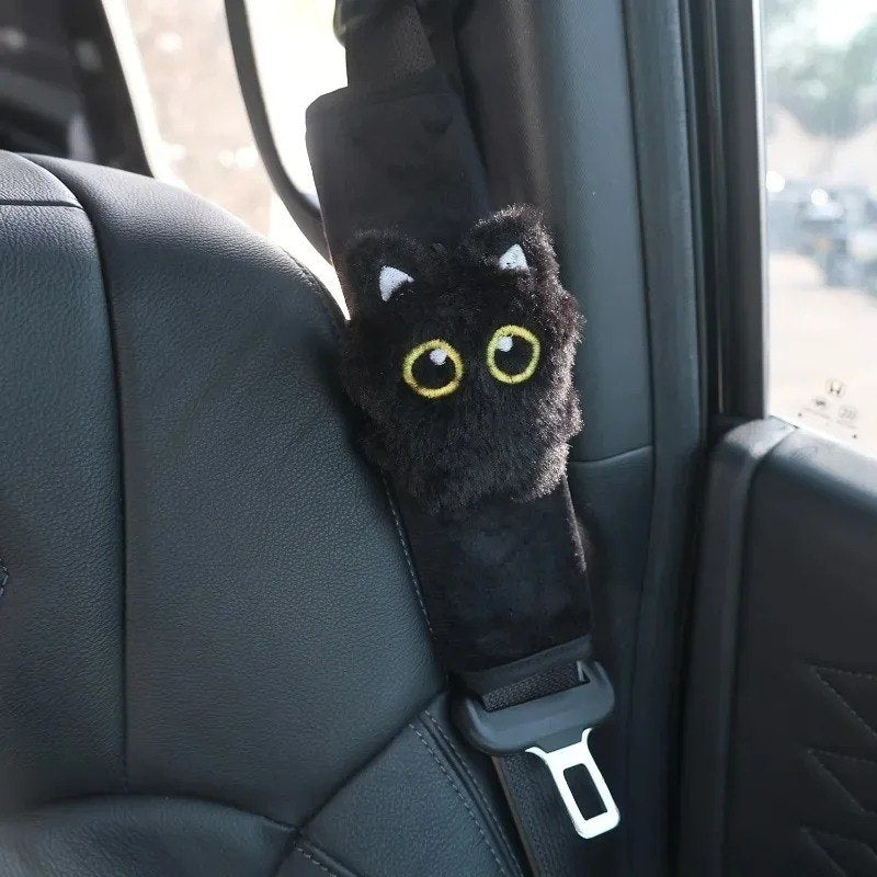 Cat Car Ceinture غطاء ووسادة لحزام الأمان بتصميم قطة سوداء 1 housse de ceinture de sécurité en peluche noire motif chat pour voiture