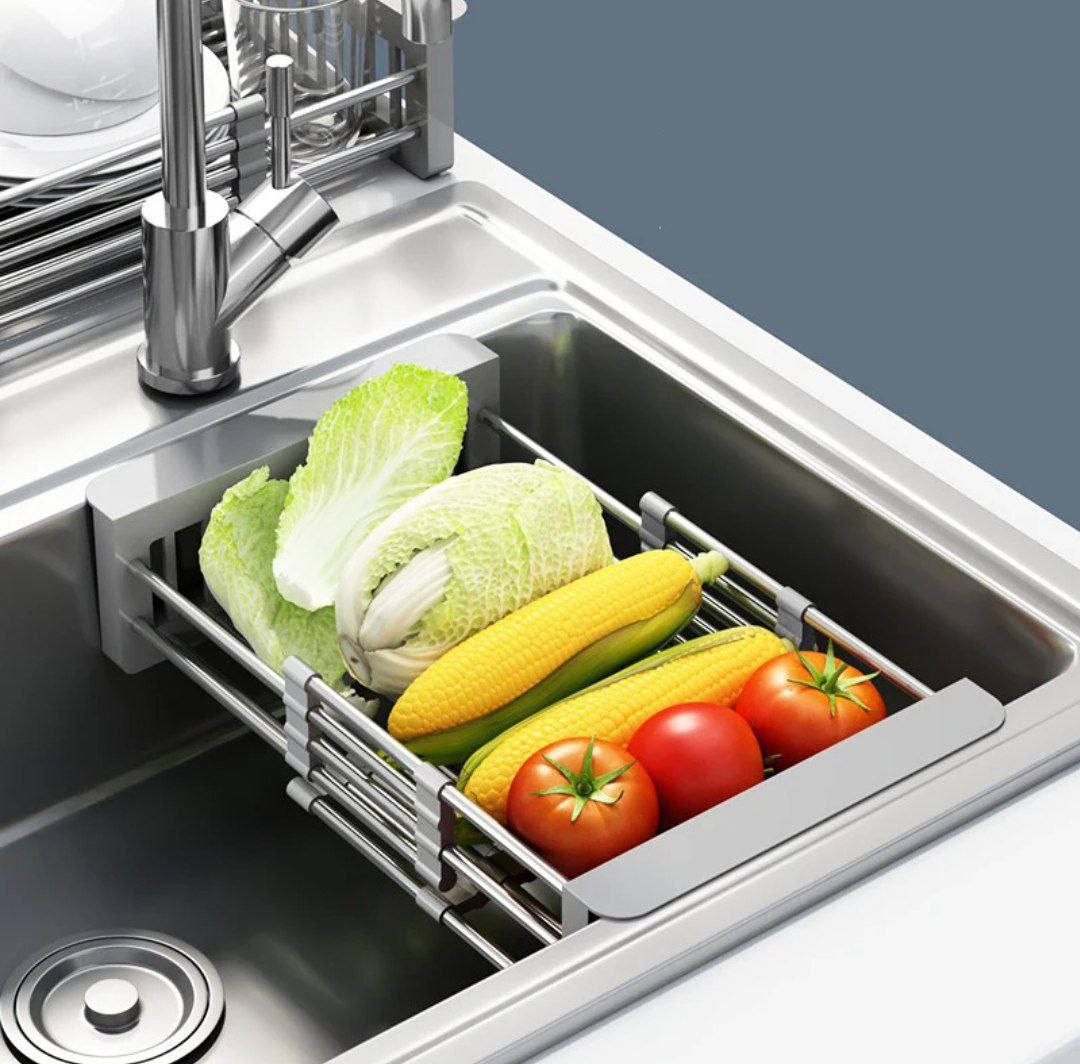 Égouttoir à vaisselle rétractable inoxydable مصفاة أطباق قابلة للتعديل والسحب مصنوعة من الفولاذ المقاوم للصدأ مع رفوف تجفيف للحوض