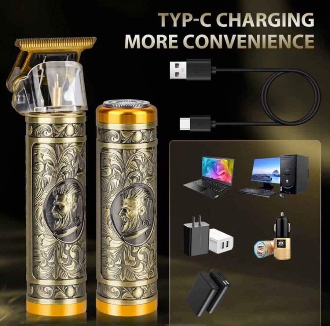 Professional Hair Clipper 3in1 3 en 1 Tondeuse à cheveux électrique professionnelle USB-C sans fil ماكينة حلاقة شعر كهربائية احترافية 3 في 1 لاسلكية بمنفذ USB-C، لون ذهبي