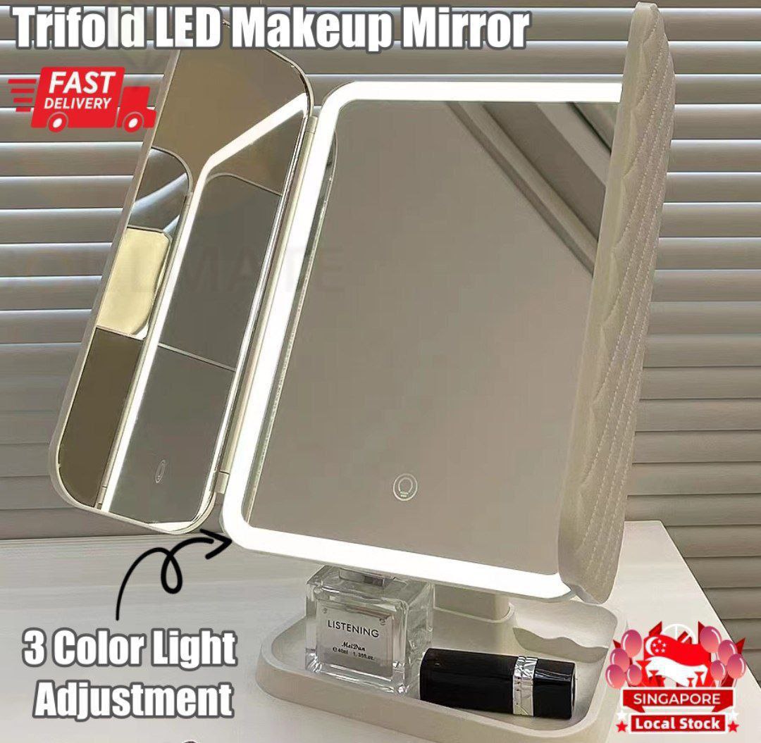 Miroir de maquillage pliable à trois côtés avec éclairage LED