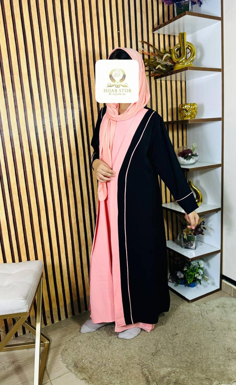 عباءة قطعتين  كيمونو و جيلي ثوب كريب روزا