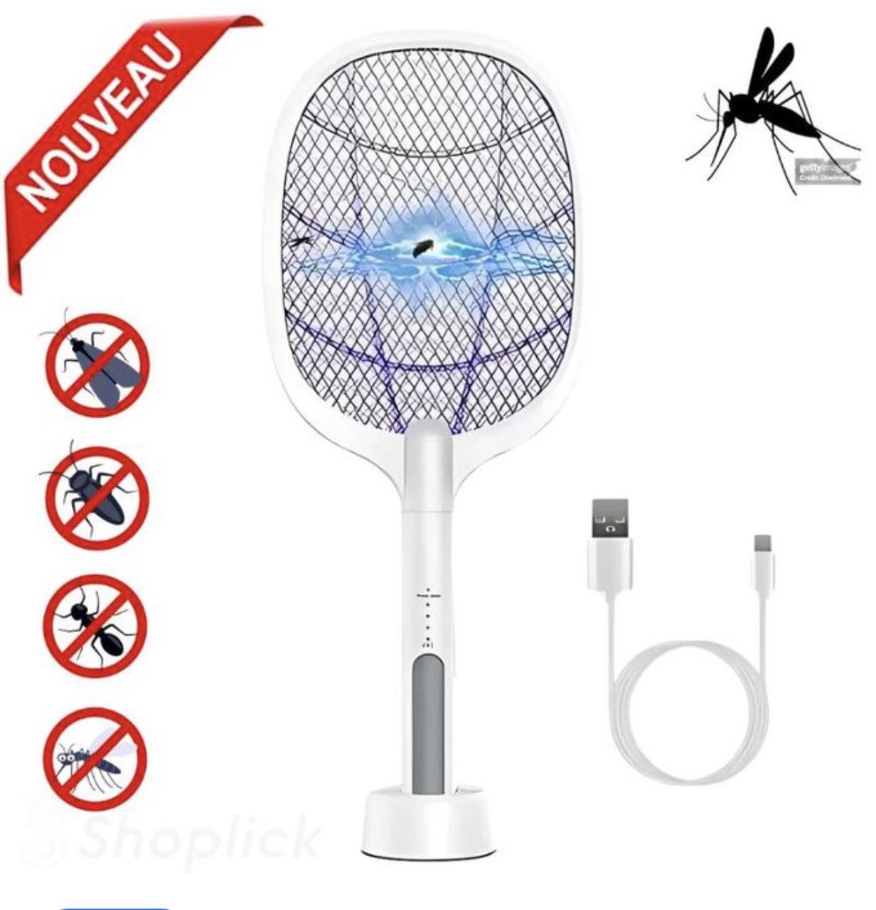 مضرب ناموس كهربائي متعدد الوظائف مع قاعدة شحن Raquette électrique anti-moustiques multifonction avec base de chargement