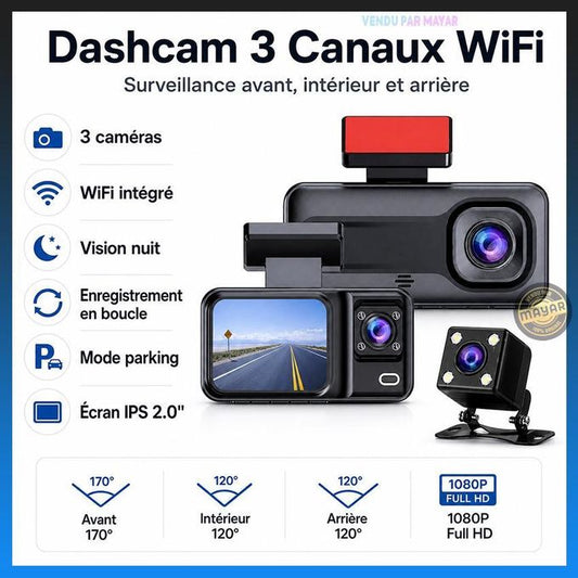 كاميرا لوحة القيادة Full HD 1080P بثلاث عدسات مسجل DVR برؤية ليلية Vehicle Blackbox DVR Full HD1080 Dashcam 3 Caméras Avant Intérieur Arrière avec WiFi