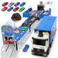 Transformateur de camion transporteur avec feux clignotants et piste de course شاحنة متحولة مع أضواء وامضة ومسار سباق يعمل بالبطارية مع 8 سيارات يتم التحكم فيها عن بعد