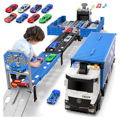 Transformateur de camion transporteur avec feux clignotants et piste de course شاحنة متحولة مع أضواء وامضة ومسار سباق يعمل بالبطارية مع 8 سيارات يتم التحكم فيها عن بعد