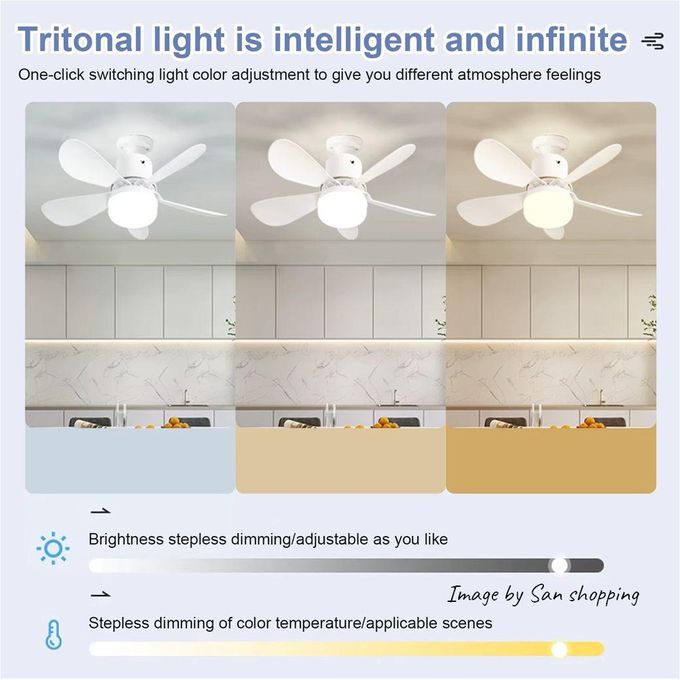 Ventilateur de plafond avec éclairage, télécommande, ampoule, 3 couleurs d'éclairage مروحة سقف مزودة بإضاءة، وجهاز تحكم عن بعد، ومصباح، وثلاثة ألوان إضاءة