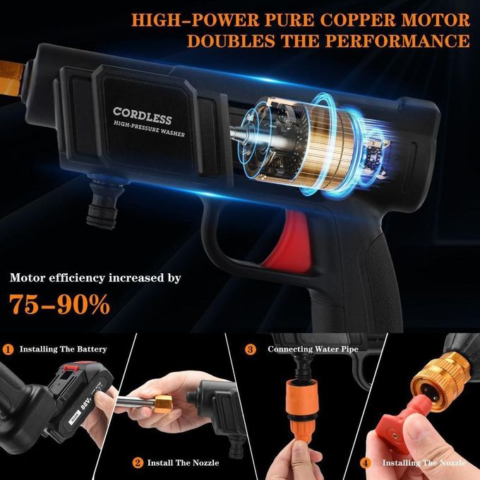 مسدس غسيل محمول عالي الضغط لاسلكي، يعمل ببطارية ليثيوم Pistolet de lavage haute pression sans fil portable, alimenté par une batterie lithium 48V