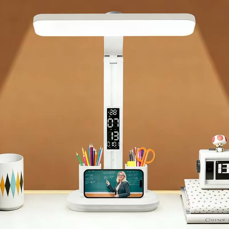ساعة مصباح مكتب LED برأس مزدوج Lampe de bureau LED à double tête avec fonction horloge et variateur d'intensité