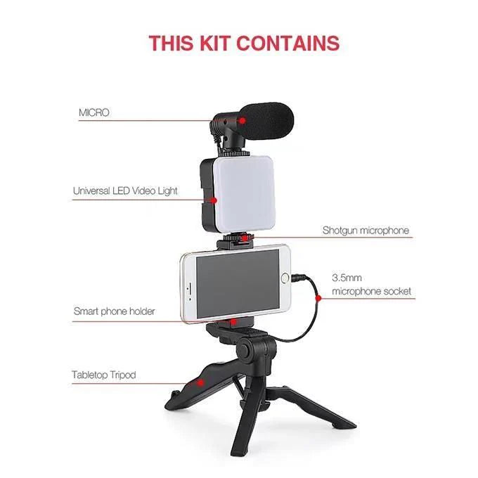 Kit Vlogging Smartphone AY49 RGB avec Trépied, Lampe LED et Micro Sans Fil طقم تصوير فيديو للهواتف الذكية AY49 RGB مع حامل ثلاثي القوائم، وإضاءة LED، وميكروفون لاسلكي للبث المباشر وإنشاء المحتوى