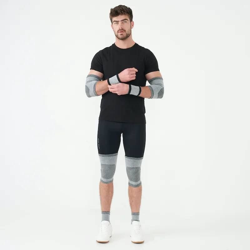 مجموعة معدات الحماية الرياضية، واقيات الذراع، واقيات المعصم، واقيات الركبة Ensemble de protections pour le fitness, protège-bras, protège-poignets, genouillères et protège-chevilles, ensemble de supports pour le corps