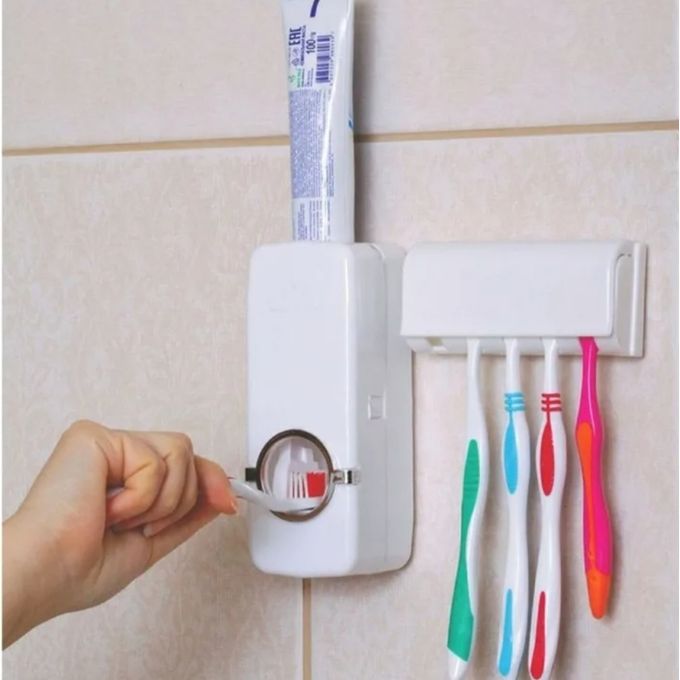 Toothpaste Dispenser موزع معجون الأسنان الأوتوماتيكي و5 حوامل لفرشاة الأسنان Distributeur de Dentifrice Automatique