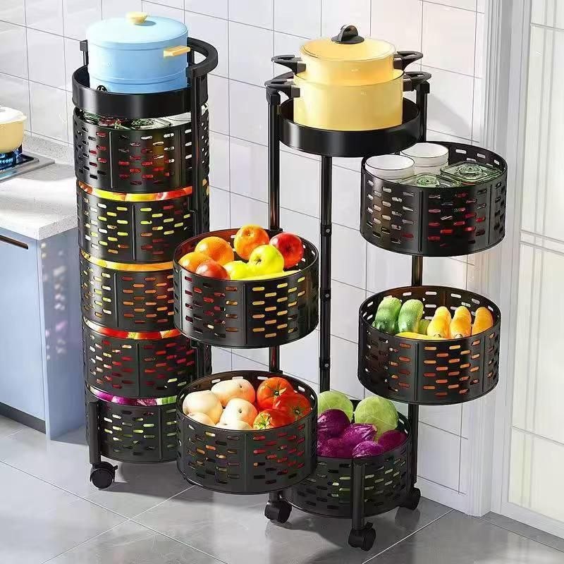 رف مطبخ دوار متعدد الطبقات سلة تخزين أسطوانية 360 درجة Etagère de Cuisine Rotative Multi-Couches Panier de Rangement Cylindrique