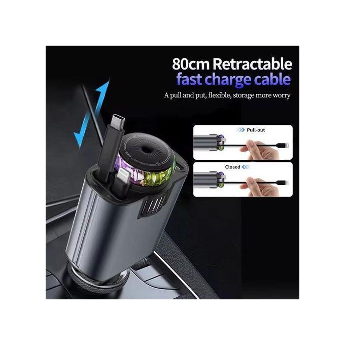 شاحن سيارة مع كابلات قابلة للسحب ناشر الزيوت الأساسية وإضاءة النجوم Chargeur de Voiture 45W 5-en-1 avec Câbles Rétractables, PD 30W, Diffuseur d’Huiles Essentielles et Lumière Starlight