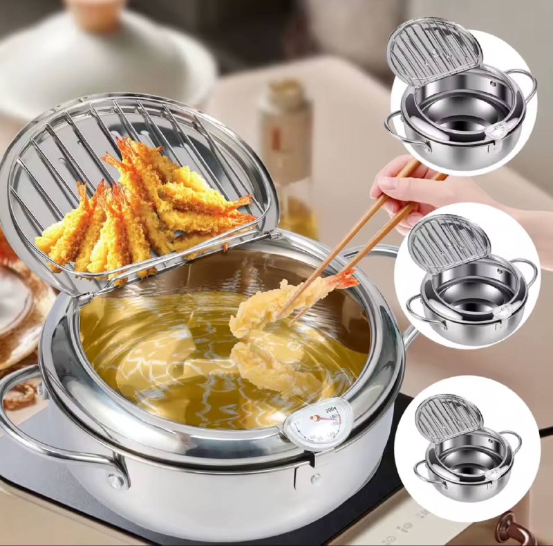 poêle à tempura japonaise قدر قلي عميق للمطبخ مع ميزان حرارة وغطاء، مقلاة من الفولاذ المقاوم للصدأ، مقلاة تمبورا يابانية