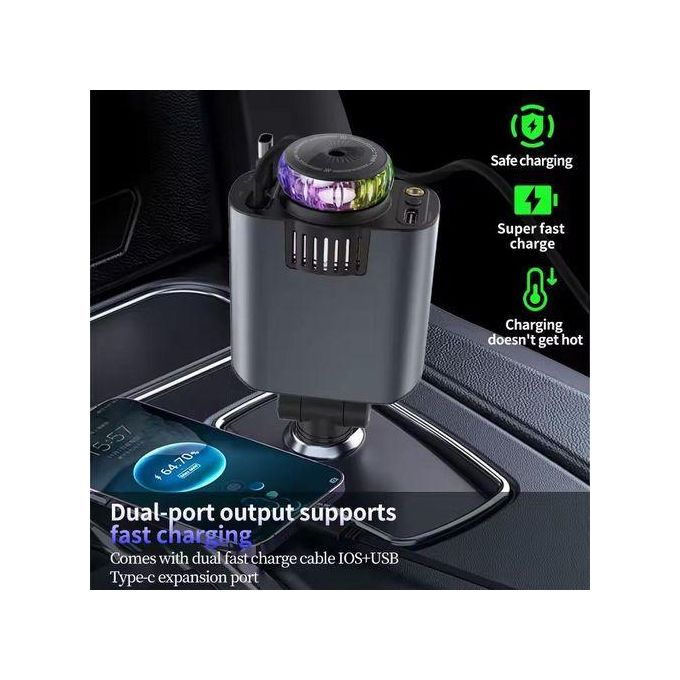 شاحن سيارة مع كابلات قابلة للسحب ناشر الزيوت الأساسية وإضاءة النجوم Chargeur de Voiture 45W 5-en-1 avec Câbles Rétractables, PD 30W, Diffuseur d’Huiles Essentielles et Lumière Starlight