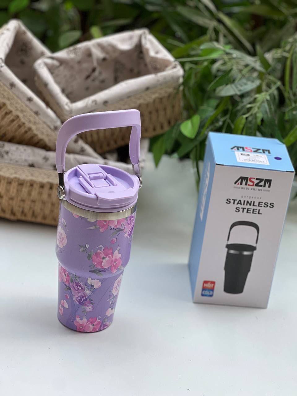 Gobelet en acier inoxydable avec motif floral  كوب من الفولاذ المقاوم للصدأ مع زخارف