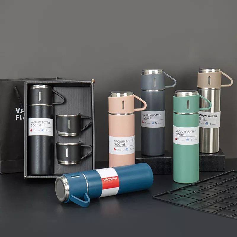 Vacuum Flask Set with 3 Stainless Steel Cups Combo 500ml  طرموس لحفظ المشروبات الساخنة والباردة Thermos